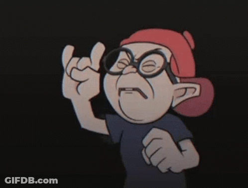 A Cartoon Character With Glasses And A Red Hat Is Making A Devil Horns Sign GIF