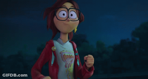 A Cartoon Character With Glasses And A Red Jacket Reaches Out Her Hand GIF