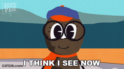 A Cartoon Character With Glasses And A Scarf Says " I Think I See Now " GIF
