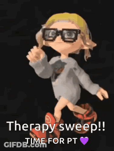 A Cartoon Character With Glasses And A Sweater Says Therapy Sweep !! Time For Pt GIF