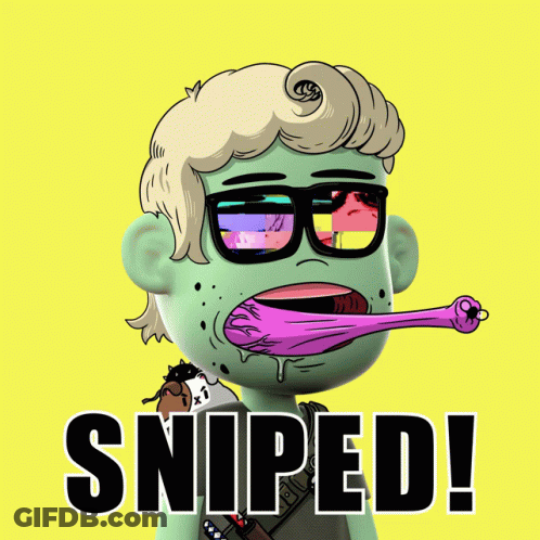 A Cartoon Character With Glasses And The Word Sniped In Black Letters GIF