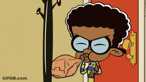 A Cartoon Character With Glasses Holds A Bag In Front Of A Door GIF