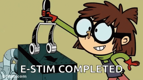A Cartoon Character With Glasses Is Holding A Device With The Words " E-Stim Completed " Above Her GIF