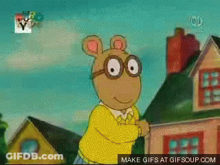A Cartoon Character With Glasses Is Standing In Front Of A House With The Words Make Gifs At Gifsoup.com Below Him GIF