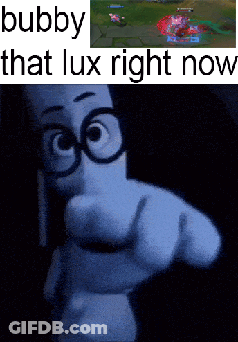 A Cartoon Character With Glasses Pointing At The Camera With The Words Bubby That Lux Right Now GIF