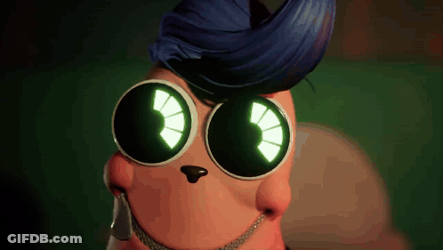 A Cartoon Character With Glowing Eyes And A Blue Mohawk GIF