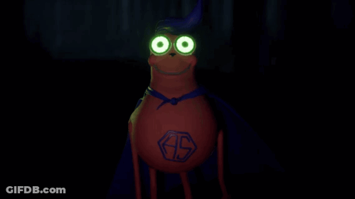 A Cartoon Character With Glowing Eyes And A Cape That Says Sb GIF