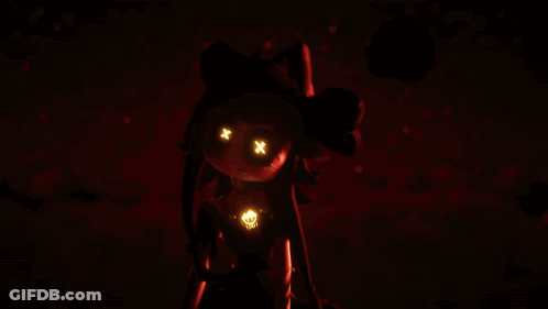 A Cartoon Character With Glowing Eyes And Skulls On Her Chest GIF