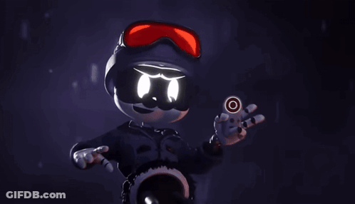 A Cartoon Character With Glowing Eyes Is Smiling GIF