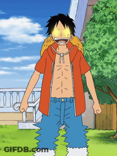 A Cartoon Character With Glowing Eyes Is Standing In A Grassy Area GIF
