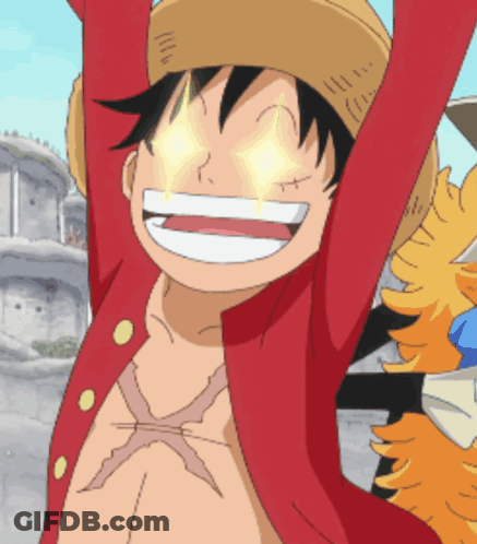 A Cartoon Character With Glowing Eyes Is Wearing A Straw Hat And A Red Jacket GIF