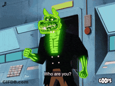 A Cartoon Character With Glowing Green Arms And Legs Says " Who Are You " GIF