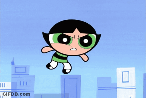 A Cartoon Character With Green Eyes And Black Hair Is Flying Through The Air GIF