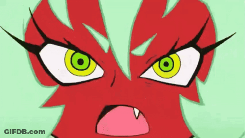 A Cartoon Character With Green Eyes And Red Hair GIF