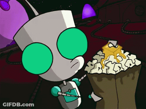 A Cartoon Character With Green Eyes Is Standing Next To A Bucket Of Popcorn GIF