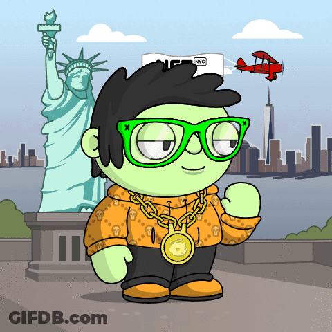 A Cartoon Character With Green Glasses And A Gold Necklace Is Standing In Front Of The Statue Of Liberty GIF