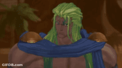 A Cartoon Character With Green Hair And A Blue Scarf Around His Neck GIF