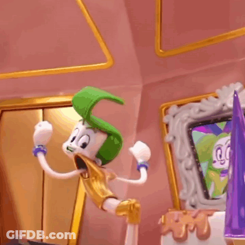 A Cartoon Character With Green Hair And A Gold Outfit Is Standing In Front Of A Picture Frame . GIF