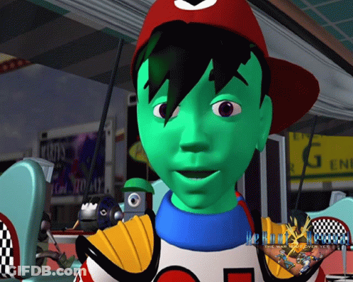 A Cartoon Character With Green Hair And A Red Hat Stands In Front Of A Sign That Says Toys GIF