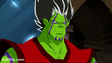 A Cartoon Character With Green Hair And A Red Shirt Is Standing In Front Of A Blue Sphere . GIF