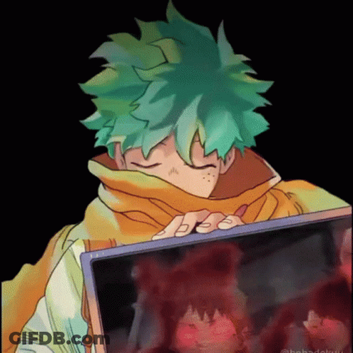 A Cartoon Character With Green Hair And A Scarf Around His Neck Is Holding A Laptop . GIF