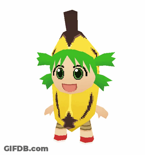 A Cartoon Character With Green Hair And A Yellow Banana Costume GIF