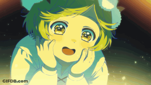 A Cartoon Character With Green Hair And Blue Ears Looks Surprised GIF
