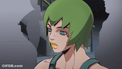 A Cartoon Character With Green Hair And Blue Eyes Has A Yellow Lip GIF