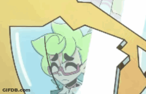 A Cartoon Character With Green Hair And Glasses Is Looking Out Of A Glass Shield . GIF