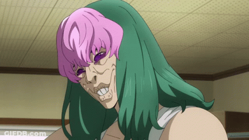 A Cartoon Character With Green Hair And Pink Hair Making A Funny Face GIF