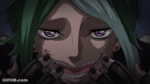 A Cartoon Character With Green Hair And Purple Eyes Is Making A Funny Face GIF