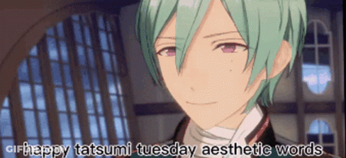 A Cartoon Character With Green Hair And Purple Eyes Is Smiling And Says Happy Tatsumi Tuesday Aesthetic Words . GIF