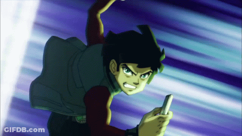 A Cartoon Character With Green Hair Is Holding A Cell Phone In His Hand GIF