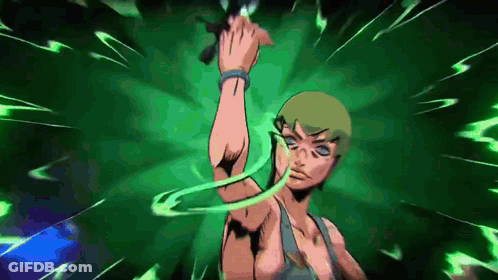 A Cartoon Character With Green Hair Is Holding A Sword In Front Of A Green Background GIF