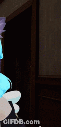 A Cartoon Character With Green Hair Is Peeking Out Of A Door GIF