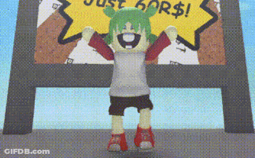 A Cartoon Character With Green Hair Is Standing In Front Of A Sign That Says Just 60 Dollars GIF