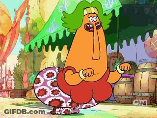A Cartoon Character With Green Hair Is Standing In Front Of Barrels And A Tent .. GIF