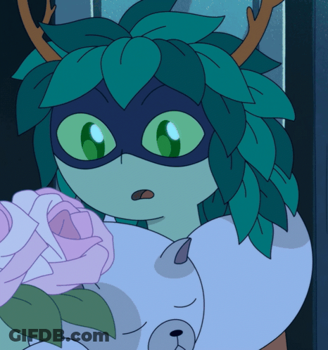 A Cartoon Character With Green Leaves On Her Head GIF