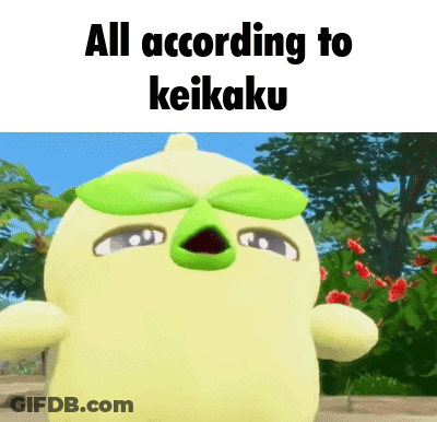 Cartoon Character With Green Leaves And Keikaku Text GIF