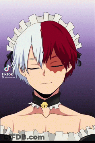 A Cartoon Character With Half Red And Half White Hair Is Wearing A Maid Outfit GIF