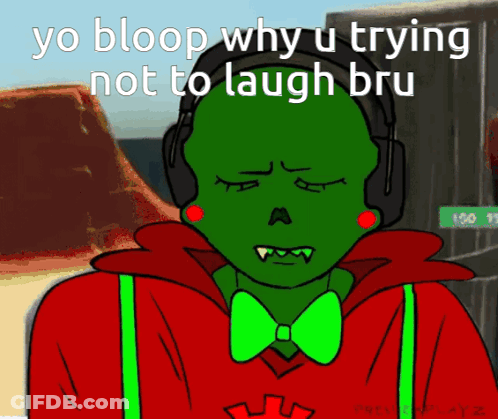 A Cartoon Character With Headphones And A Bow Tie Says Yo Bloop Why U Trying Not To Laugh Bru .. GIF