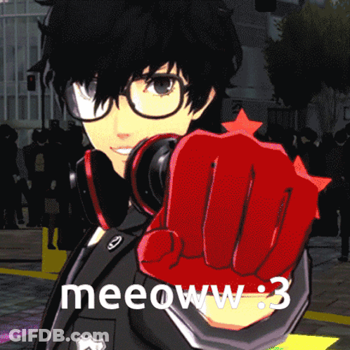 A Cartoon Character With Headphones And A Red Fist Pointing At The Camera With The Words Meeoww : 3 Below Him GIF