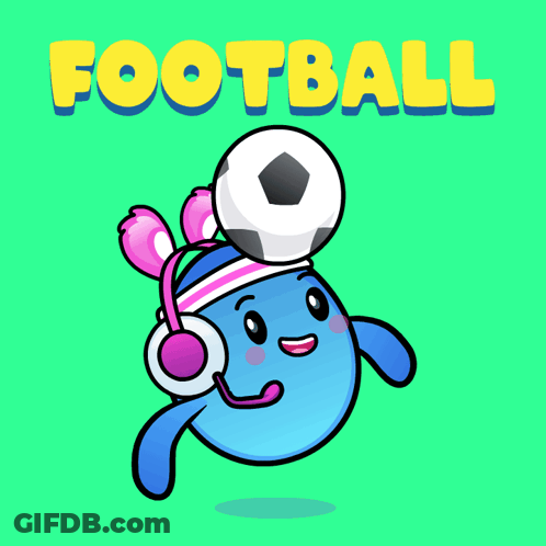 A Cartoon Character With Headphones And A Soccer Ball On His Head With The Word Football Behind Him GIF