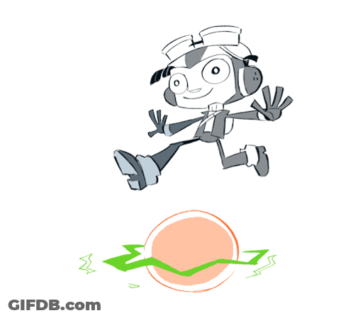 A Cartoon Character With Headphones And Goggles Is Jumping Over A Sphere GIF