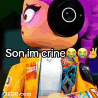 A Cartoon Character With Headphones And The Words Son Im Crine On The Bottom GIF