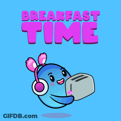A Cartoon Character With Headphones Is Holding A Toaster And The Words Breakfast Time Are Above It GIF