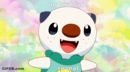 A Cartoon Character With Heart Shaped Eyes And The Words Mr Bird Face Reveal Behind Him GIF