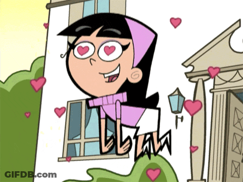 A Cartoon Character With Hearts In Her Eyes Is Standing In Front Of A Building With Hearts Flying Around Her GIF