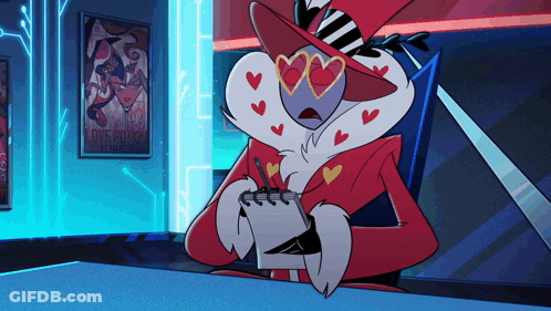 A Cartoon Character With Hearts On His Face Is Holding A Notepad In Front Of A Love Potion Poster GIF