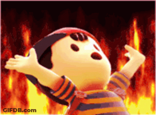 A Cartoon Character With His Arms Outstretched In Front Of A Fire Background . GIF